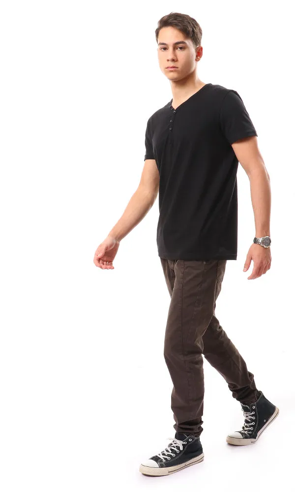 14096 Buttoned V-Neck Solid T-Shirt - Black