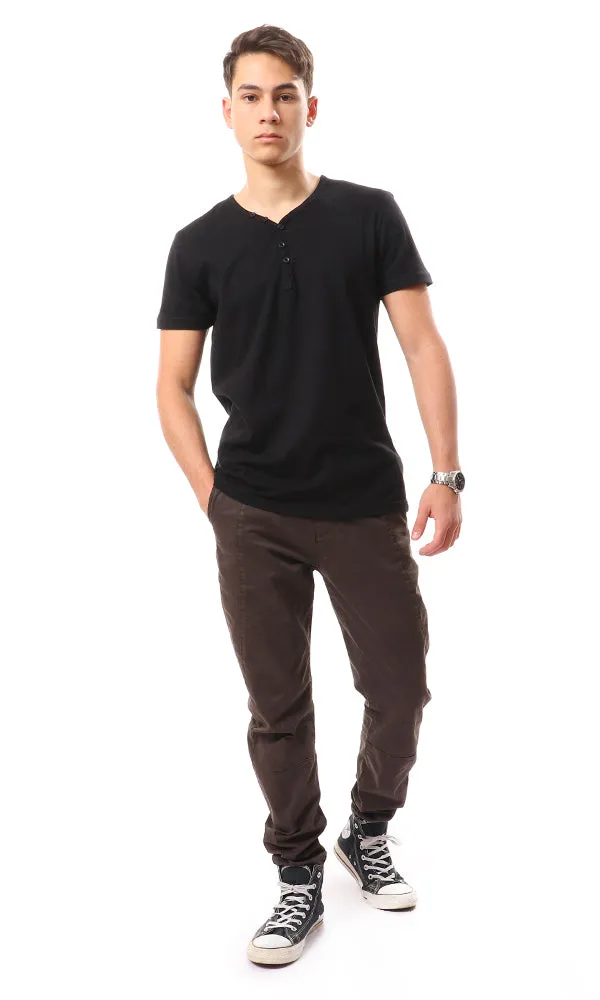 14096 Buttoned V-Neck Solid T-Shirt - Black