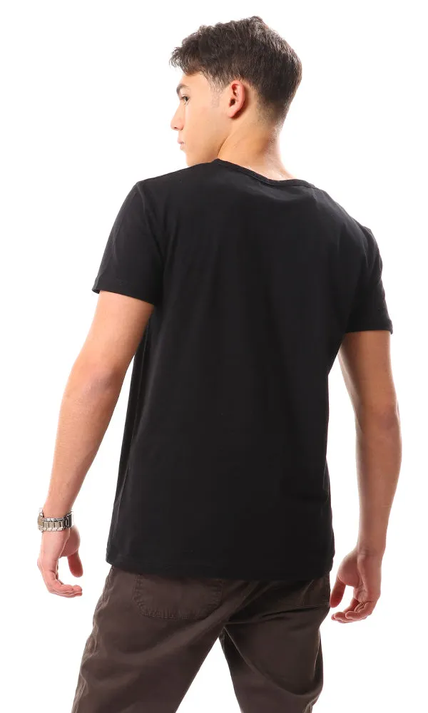 14096 Buttoned V-Neck Solid T-Shirt - Black