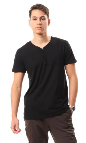 14096 Buttoned V-Neck Solid T-Shirt - Black