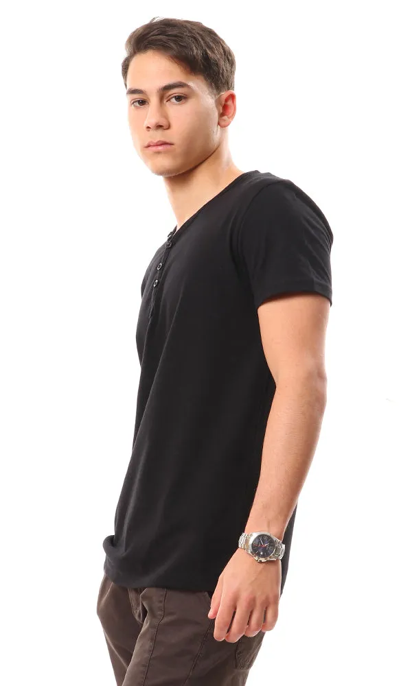 14096 Buttoned V-Neck Solid T-Shirt - Black