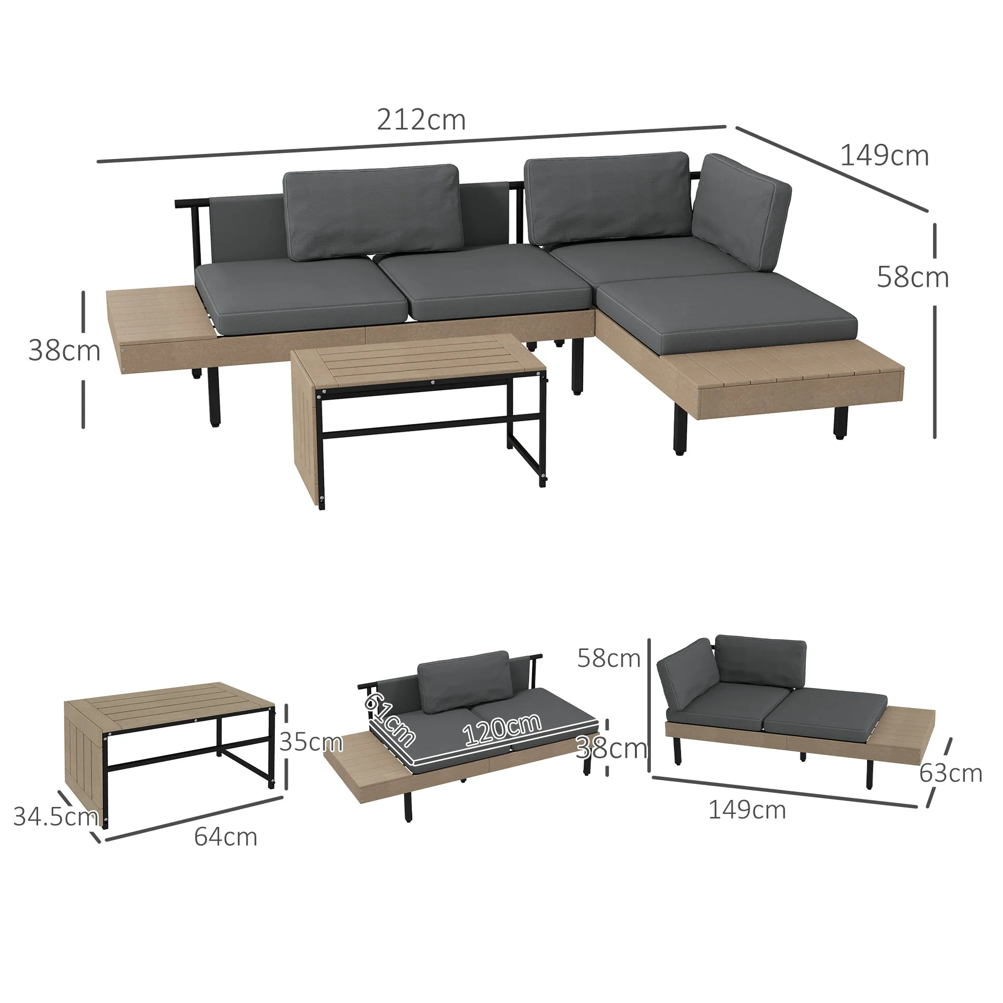 3-Piece L Shaped Garden Sofa Set with Sofa, Table, Cushions, HDPE, Garden Furniture Set for Poolside, Patio