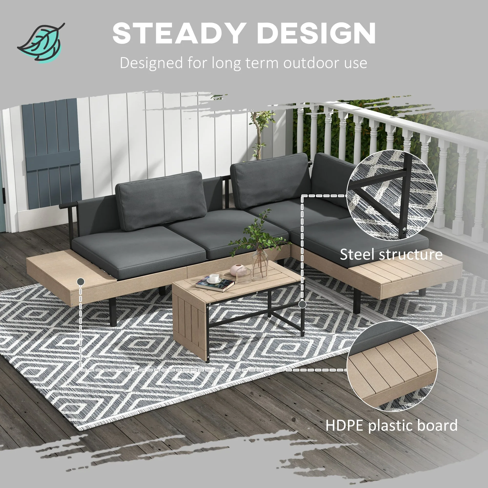 3-Piece L Shaped Garden Sofa Set with Sofa, Table, Cushions, HDPE, Garden Furniture Set for Poolside, Patio