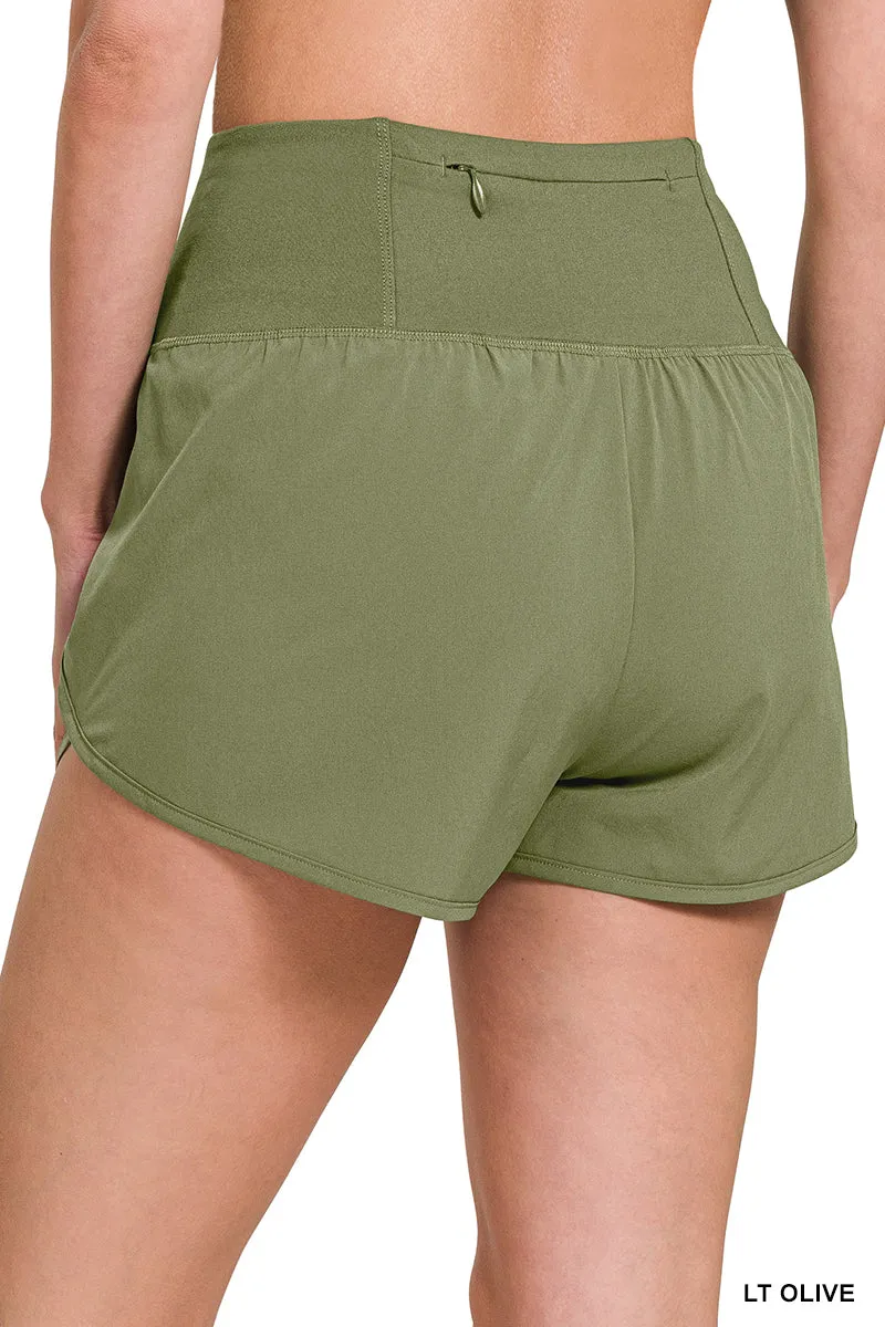 Ash Grey High Waisted Zipper Back Pocket Running Shorts