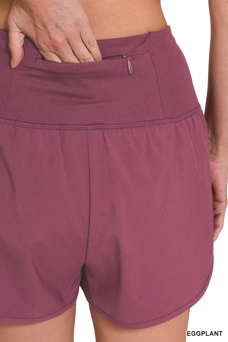 Ash Grey High Waisted Zipper Back Pocket Running Shorts