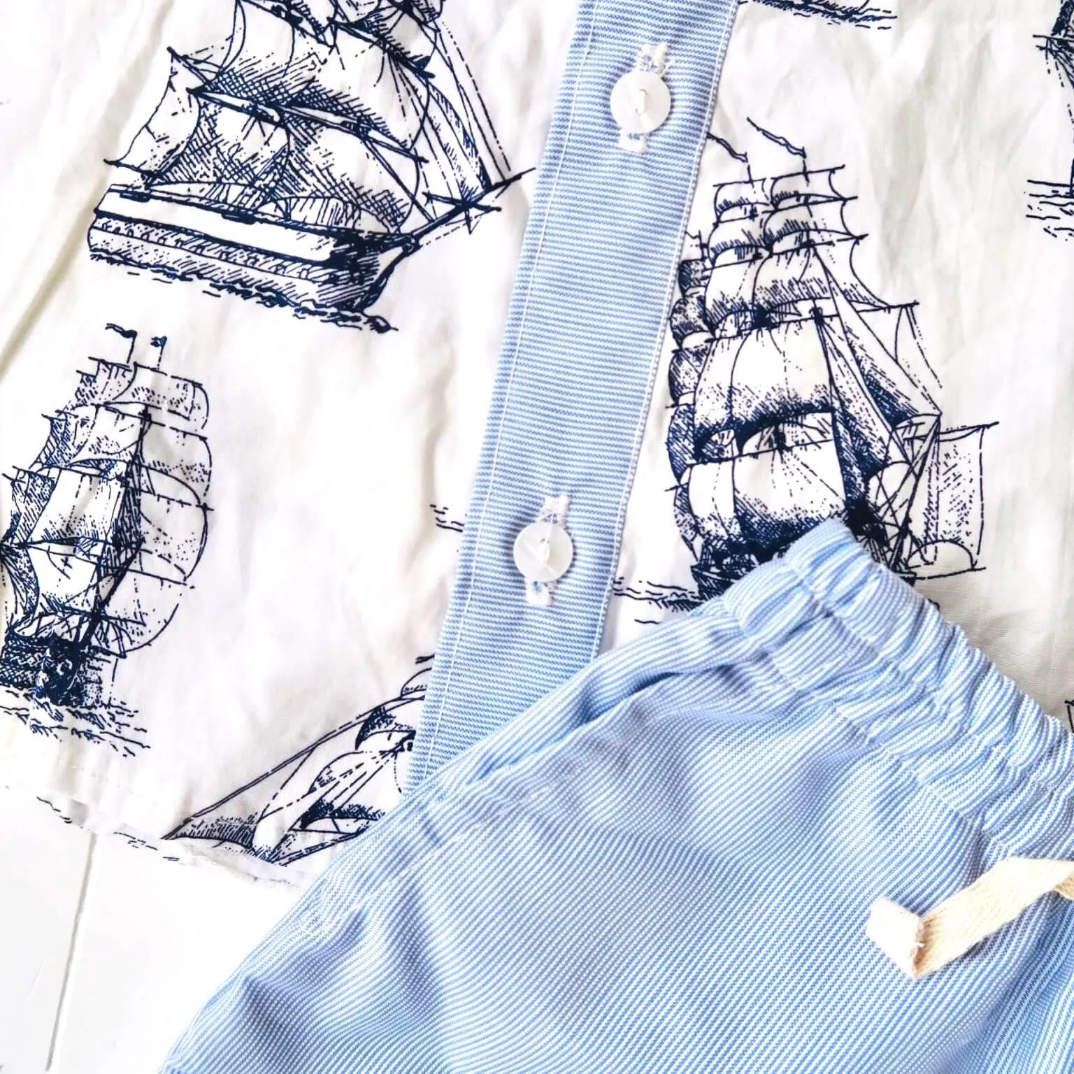 Birch Top & Shorts in Galleon White and Light Blue Pinstripes