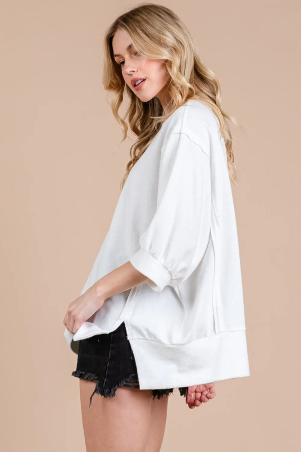 Ces Femme Side Slit Drop Shoulder Puff Sleeve Sweatshirt