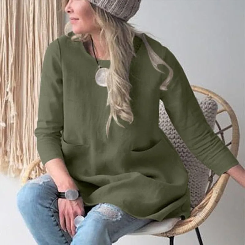 Green S Womens Tunic Tops 2024 Cotton Linen Long Sleeve Casual Loose Summer Blouse Pullover Asymmetrical Hem Crew Neck Oversized Fall Shirt A Line Tunic Dress with Pocket