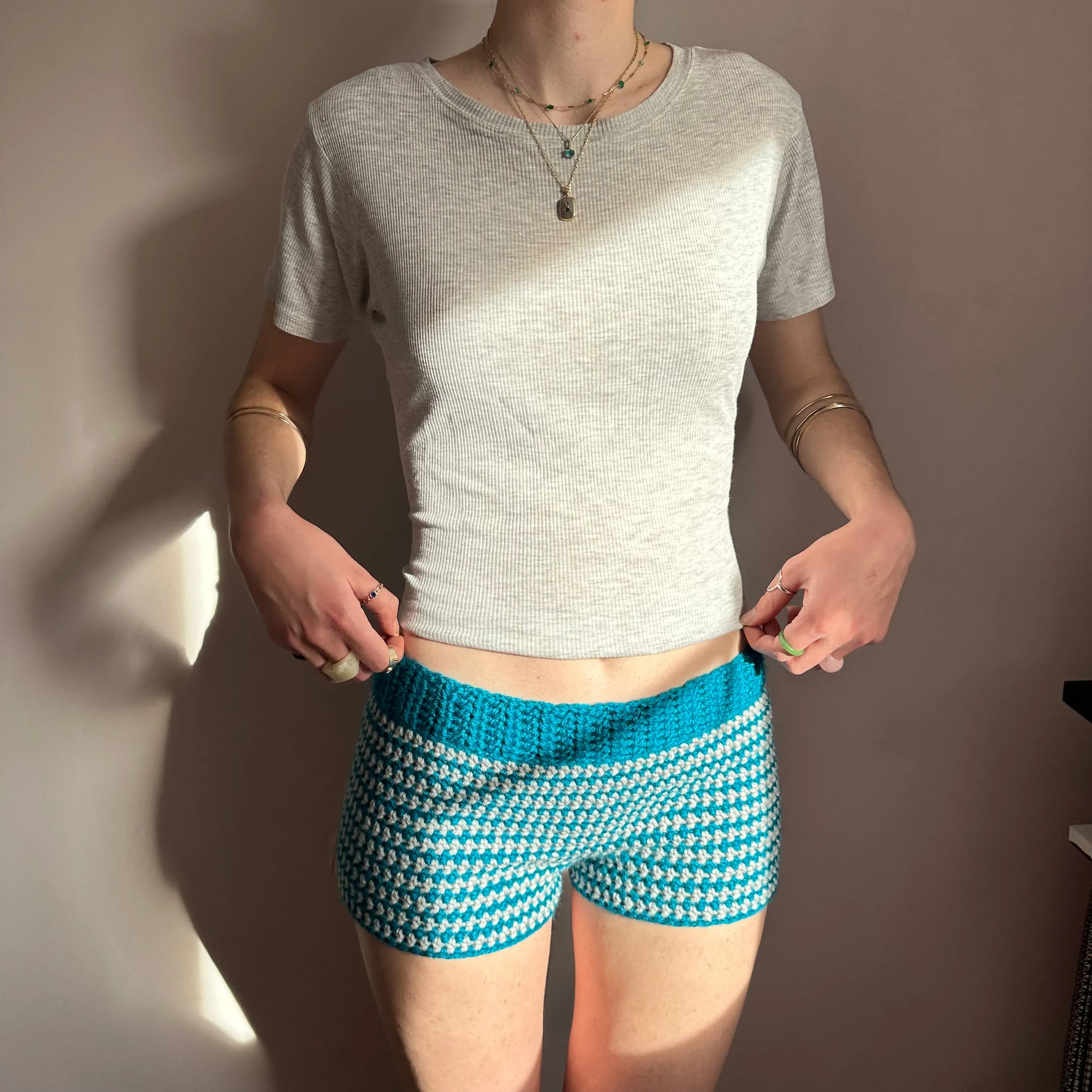 Handmade teal and light grey striped crochet shorts