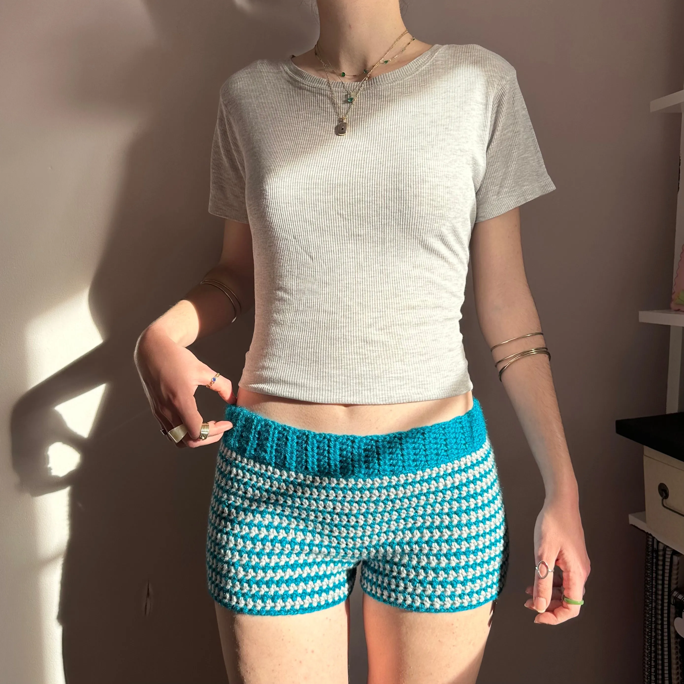 Handmade teal and light grey striped crochet shorts