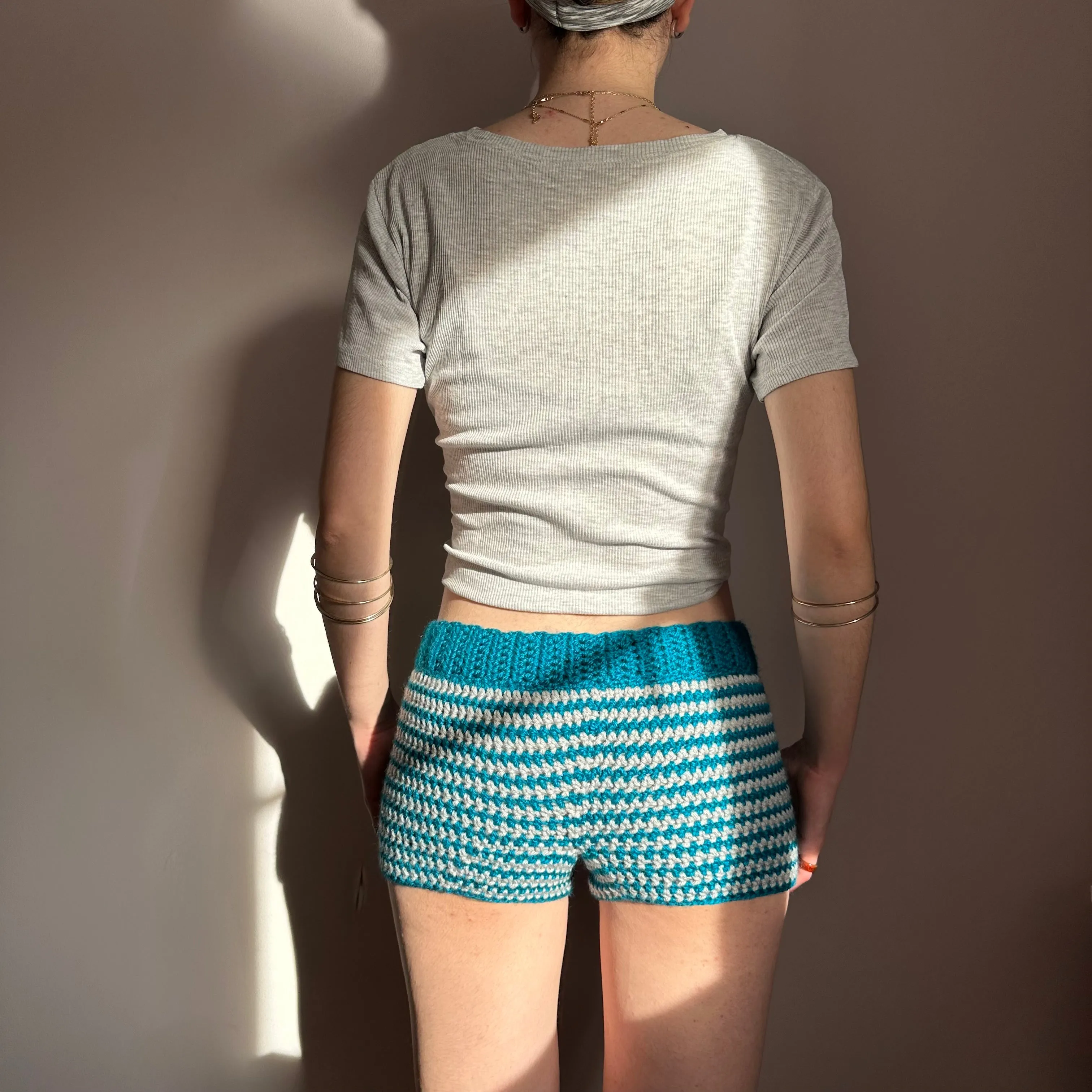 Handmade teal and light grey striped crochet shorts