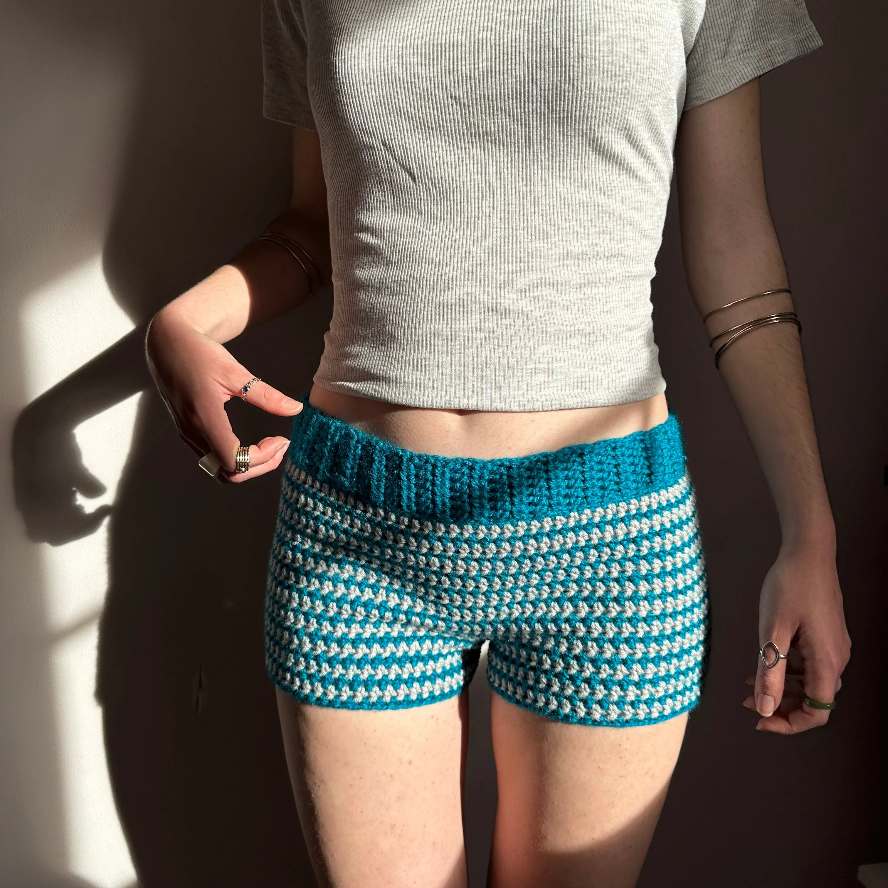 Handmade teal and light grey striped crochet shorts