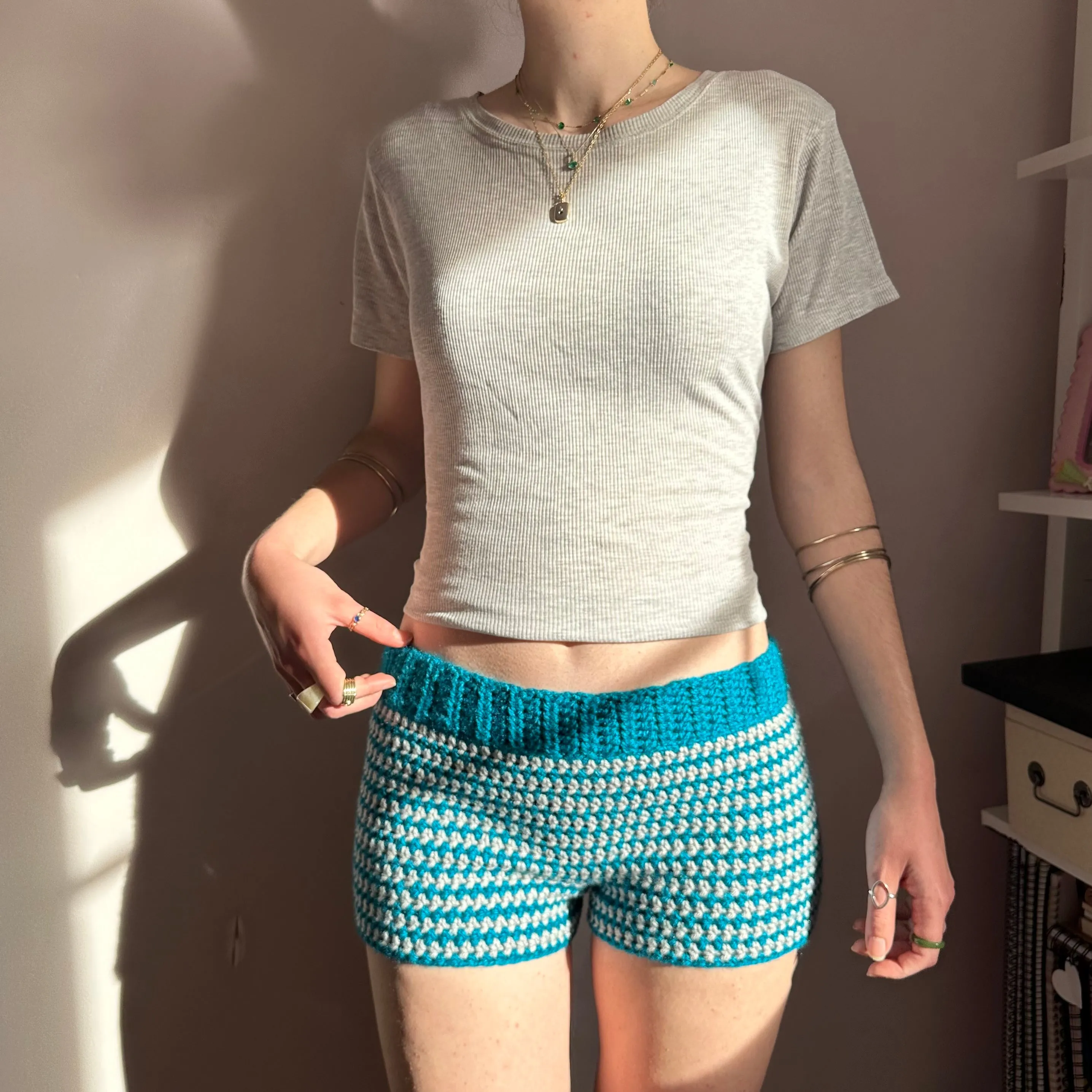 Handmade teal and light grey striped crochet shorts