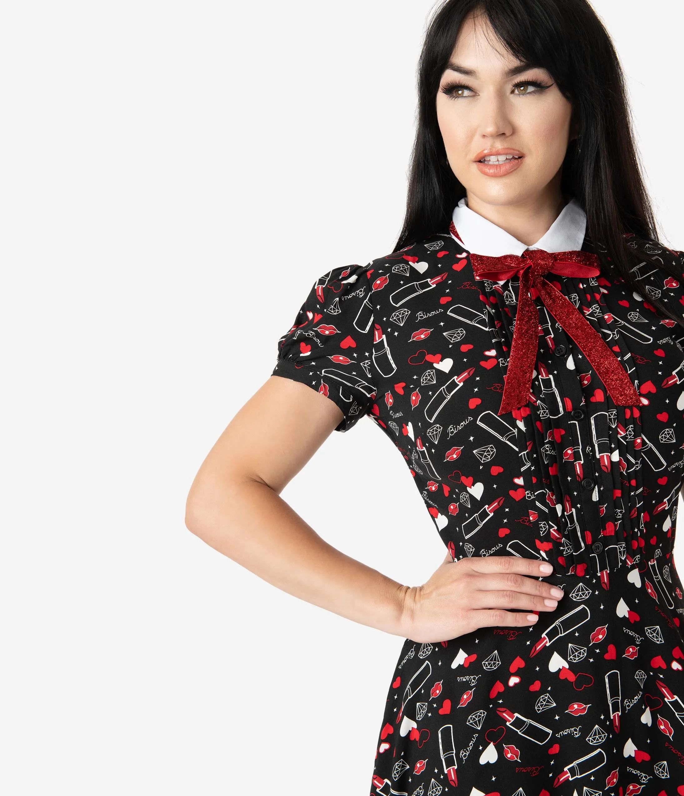 Hell Bunny Black Bisous Print Fit & Flare Dress