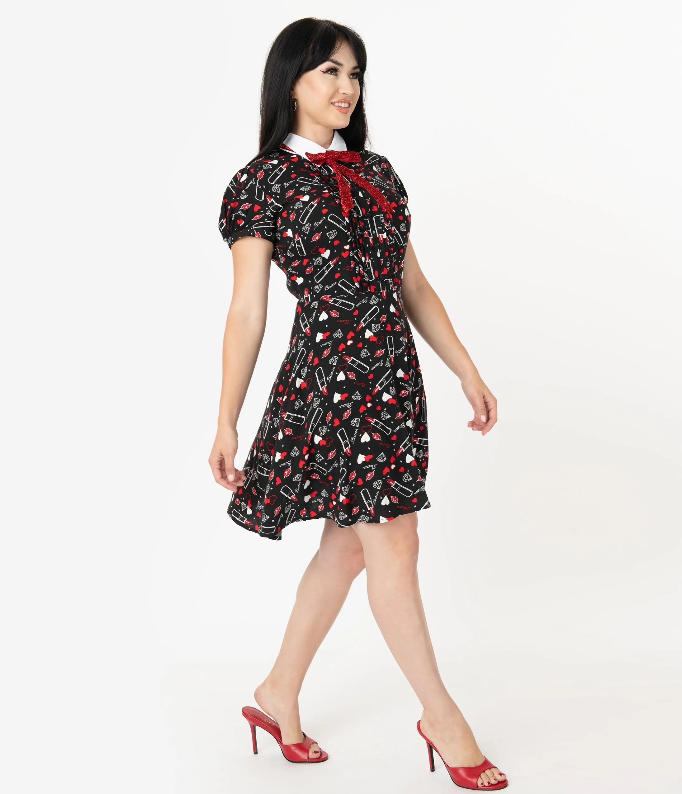 Hell Bunny Black Bisous Print Fit & Flare Dress