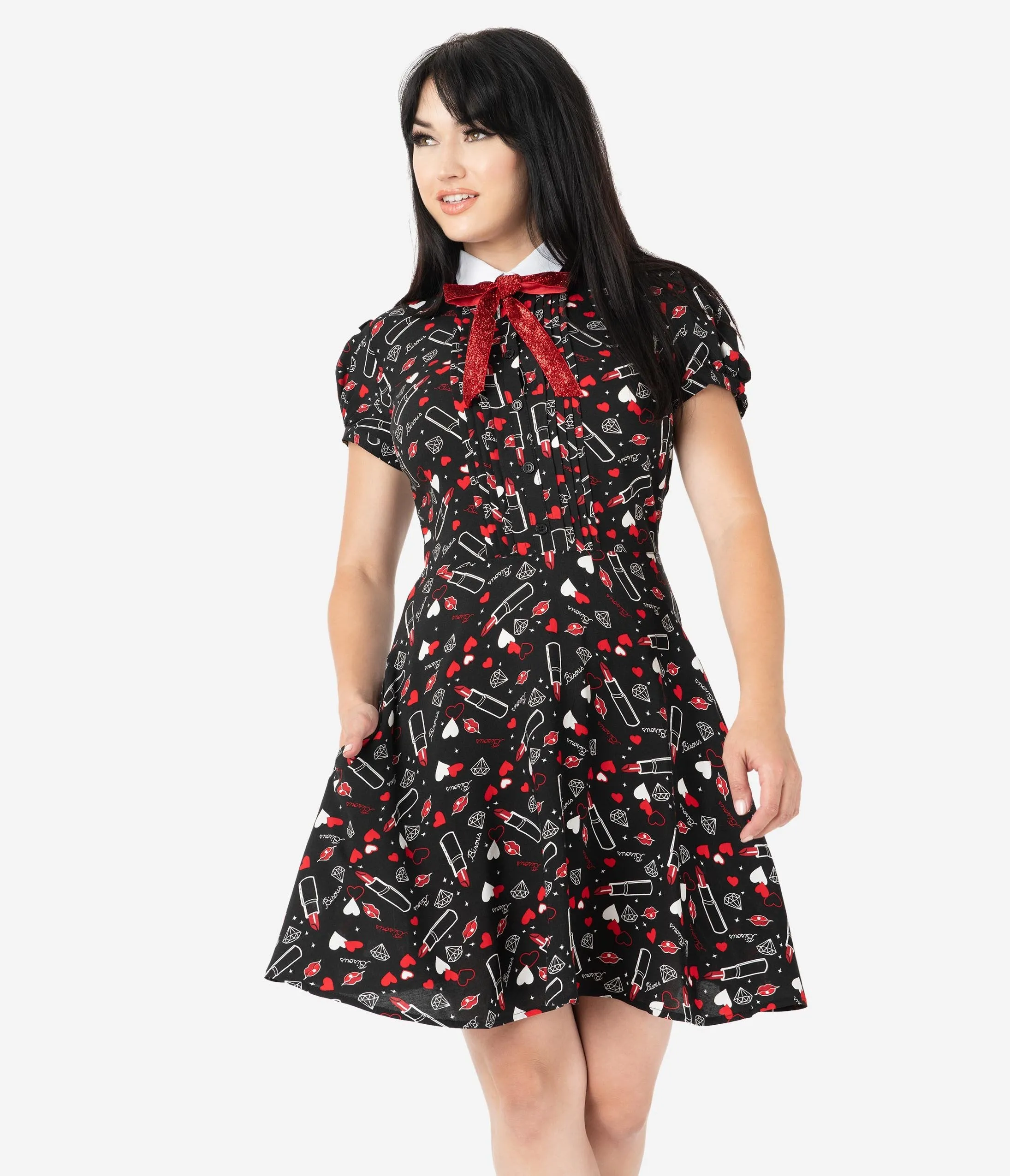 Hell Bunny Black Bisous Print Fit & Flare Dress