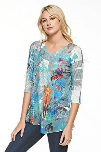 Inoah - Lost Child, V-Neck Chiffon Trim Wearable Art colorful Print Knit Tunic Top