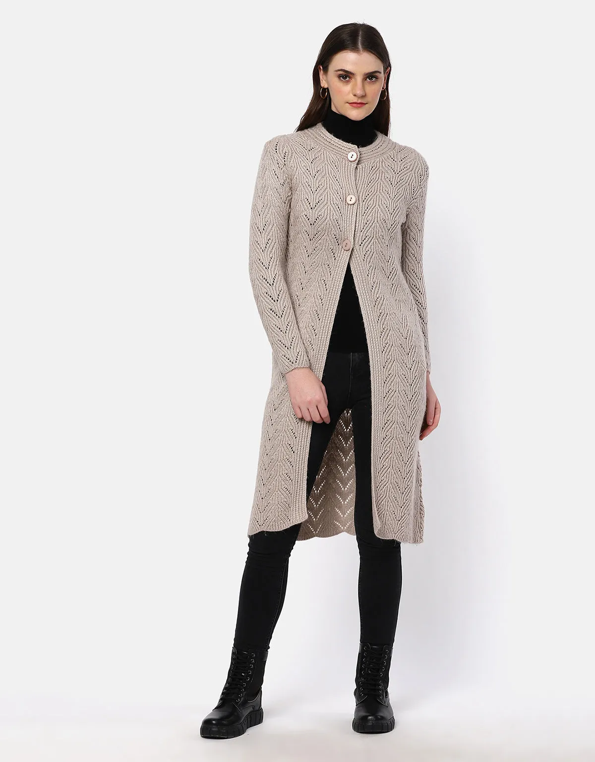 Knitted Fancy Round Neck Long Coat For Women