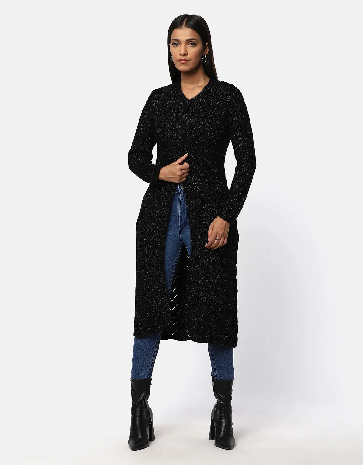 Knitted Fancy Round Neck Long Coat For Women