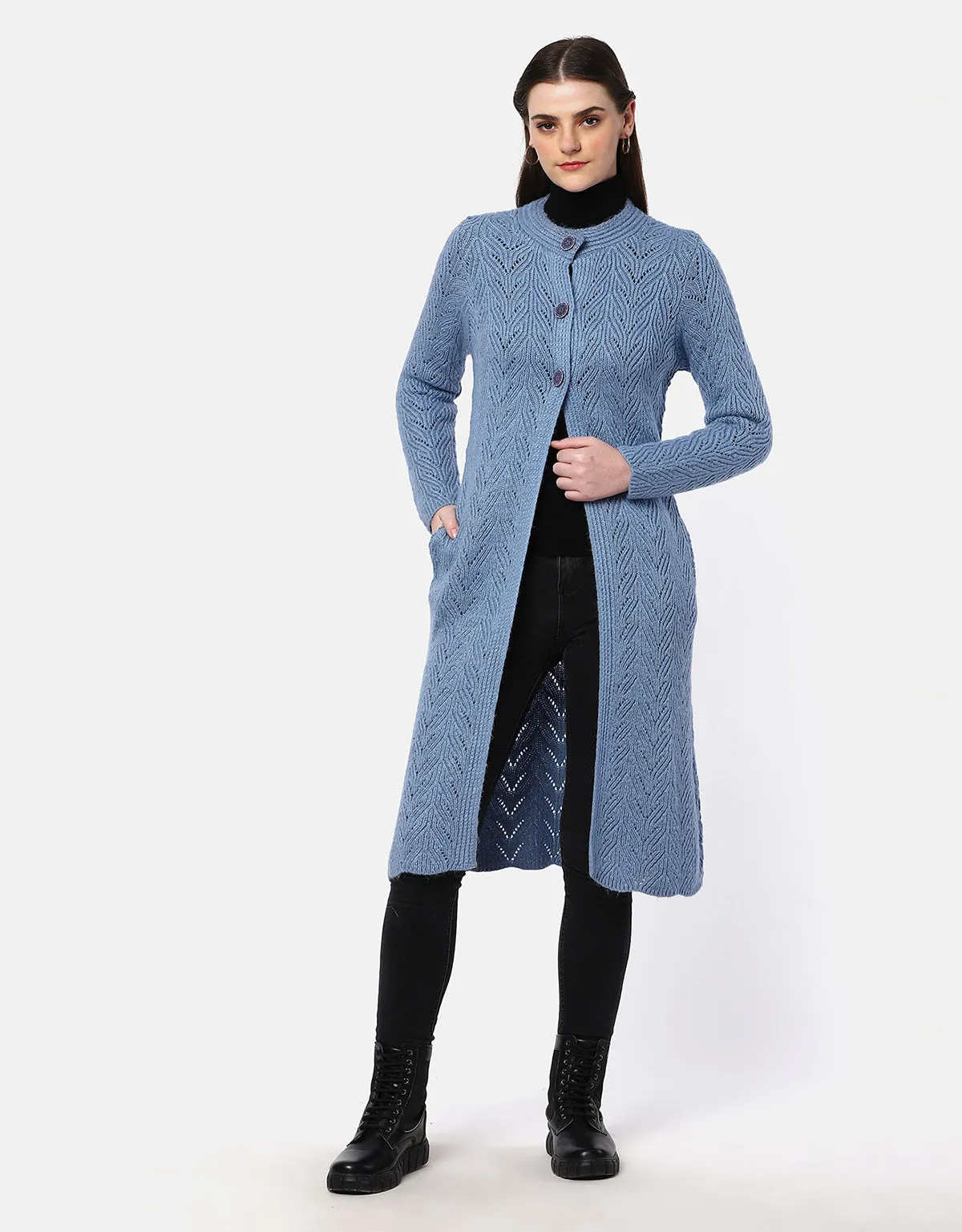 Knitted Fancy Round Neck Long Coat For Women