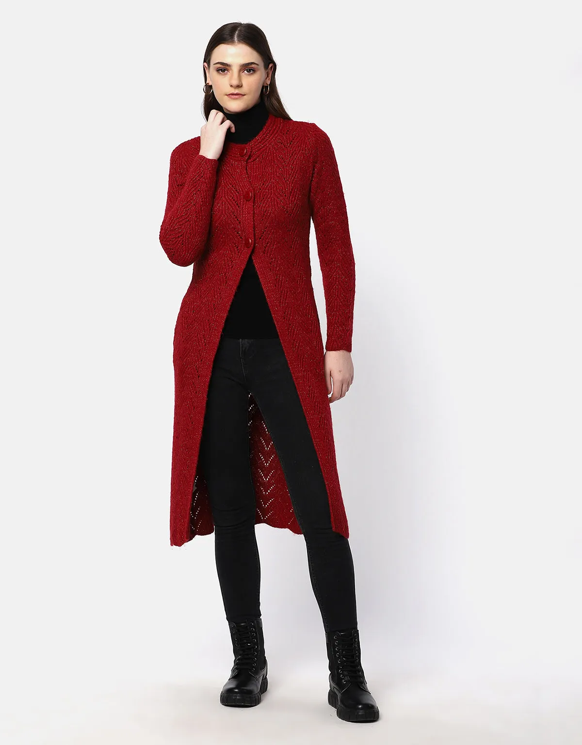 Knitted Fancy Round Neck Long Coat For Women