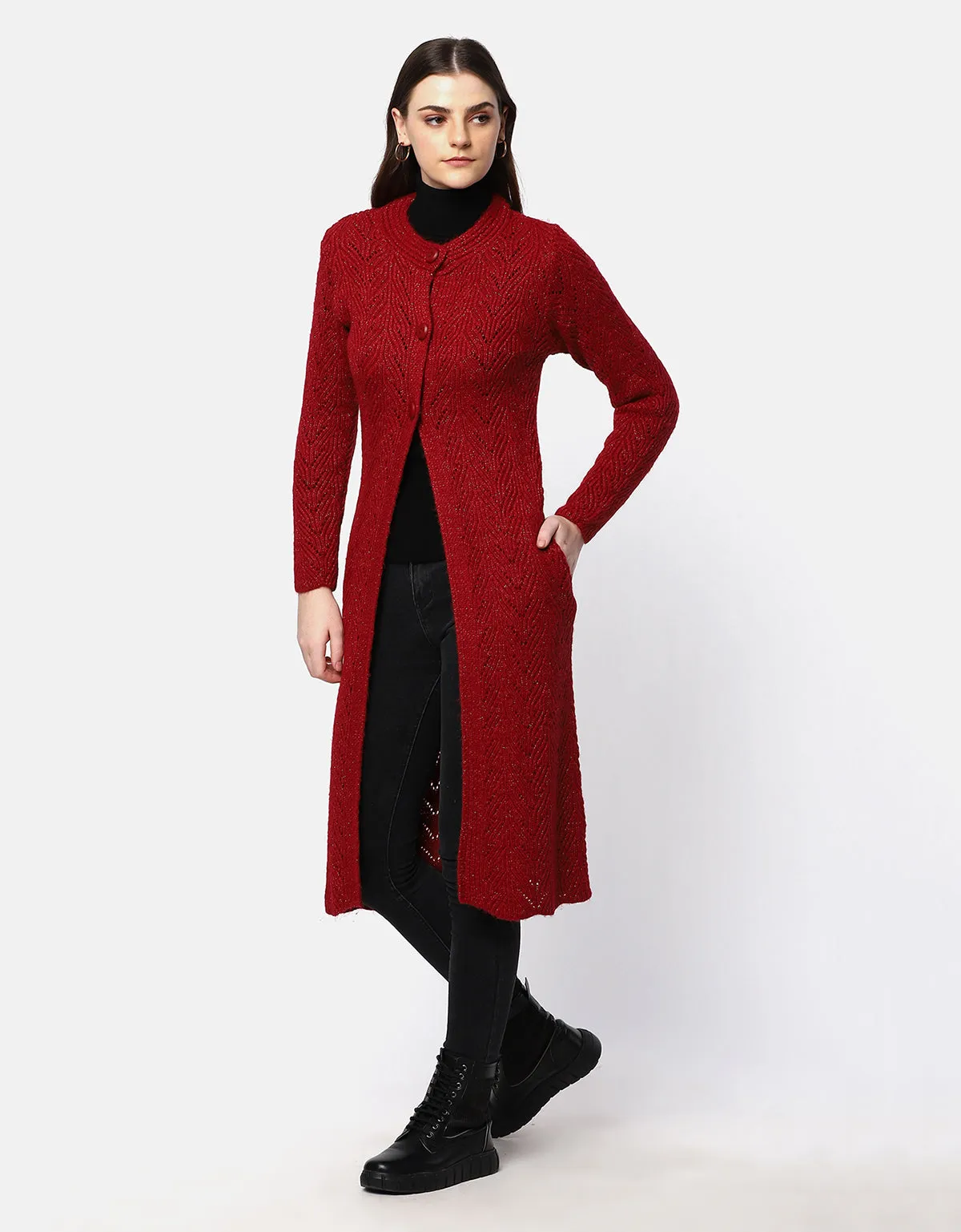 Knitted Fancy Round Neck Long Coat For Women