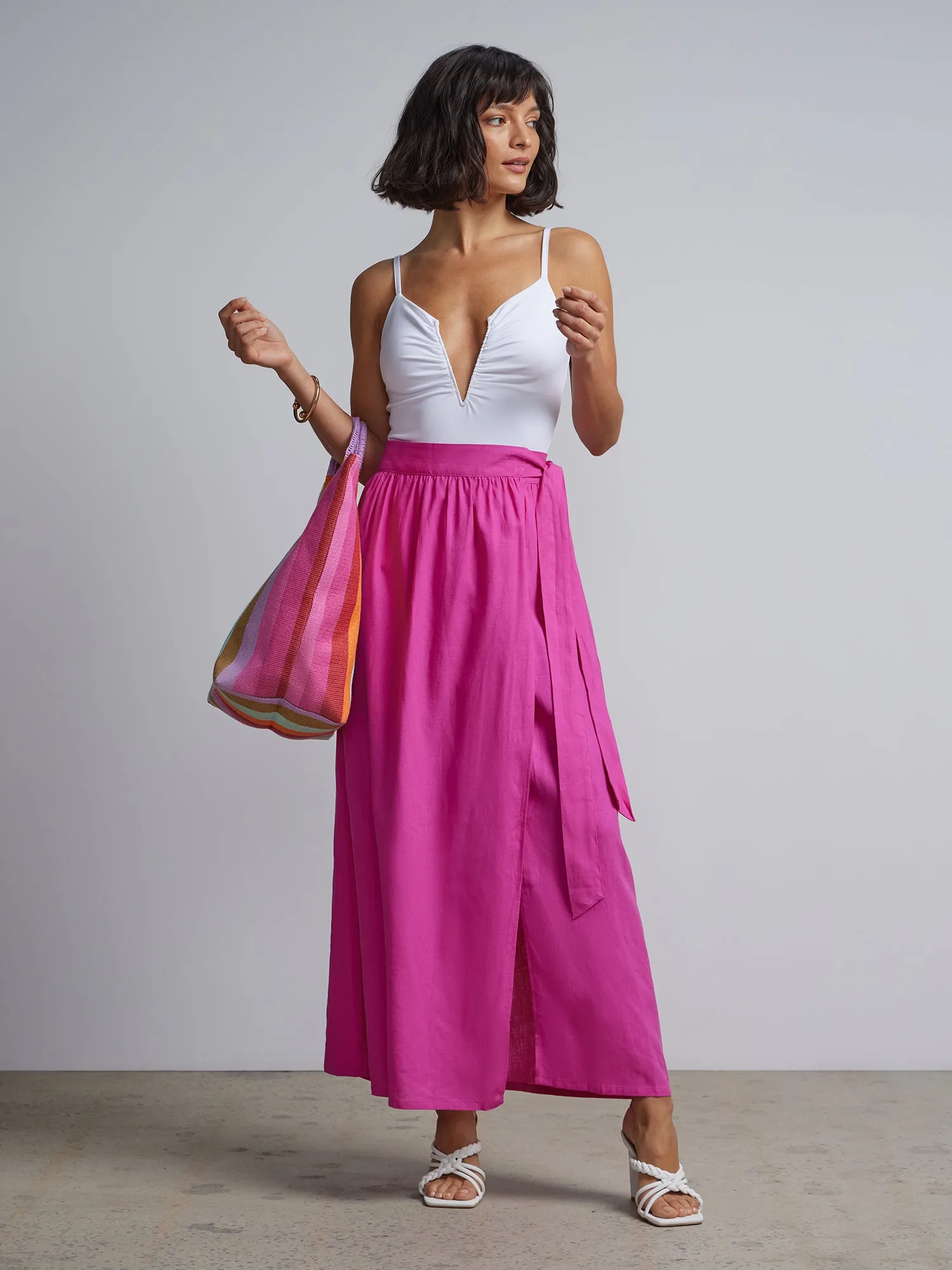 Linen-Blend Belted Wrap Maxi Skirt