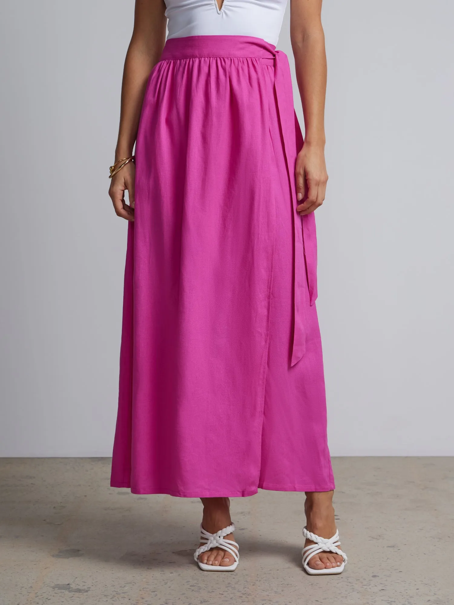 Linen-Blend Belted Wrap Maxi Skirt