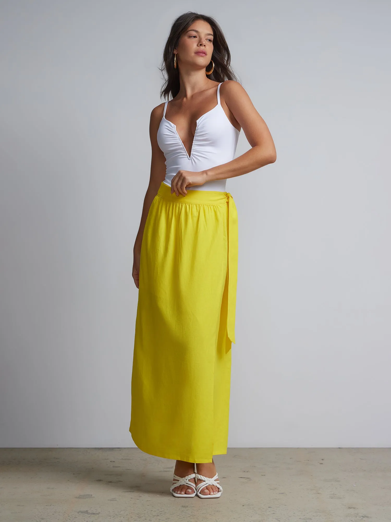 Linen-Blend Belted Wrap Maxi Skirt