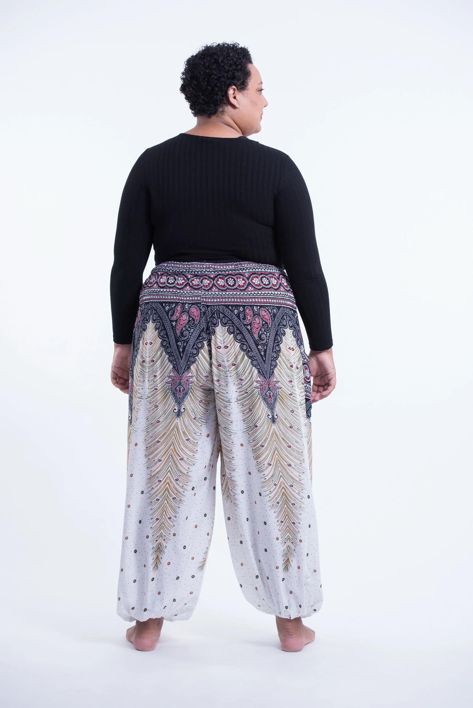 Plus Size Peacock Feathers Unisex Harem Pants in White