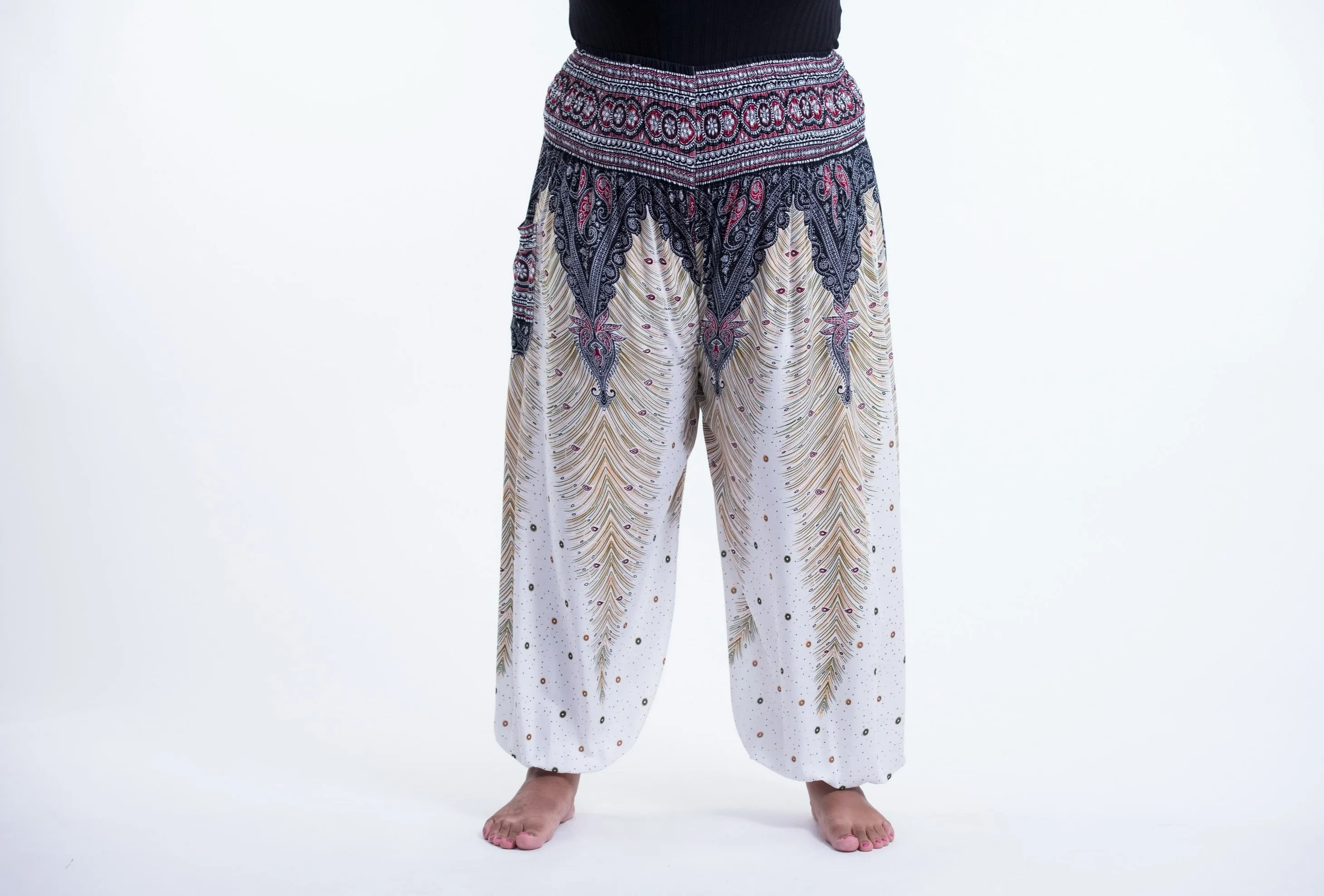 Plus Size Peacock Feathers Unisex Harem Pants in White