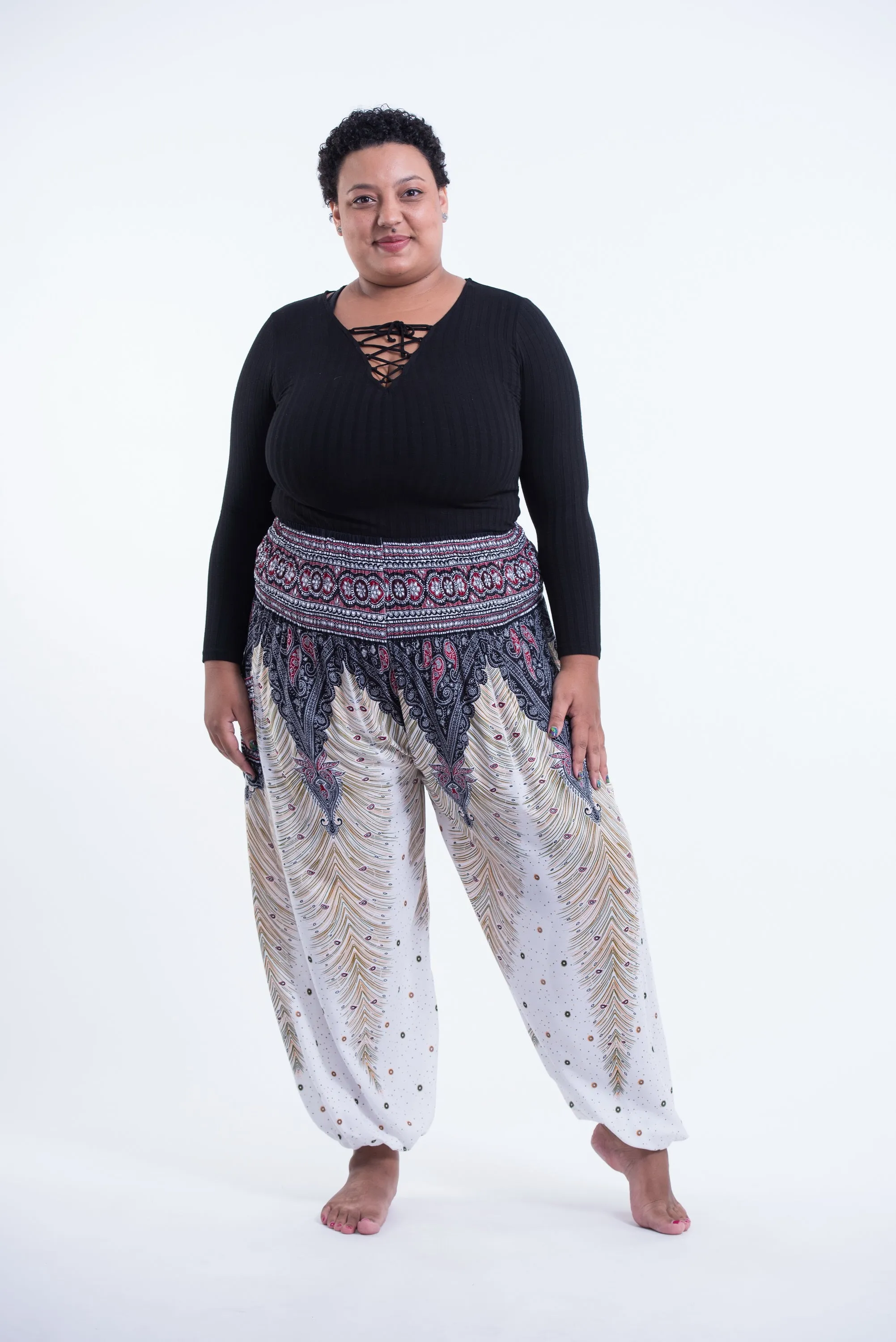 Plus Size Peacock Feathers Unisex Harem Pants in White