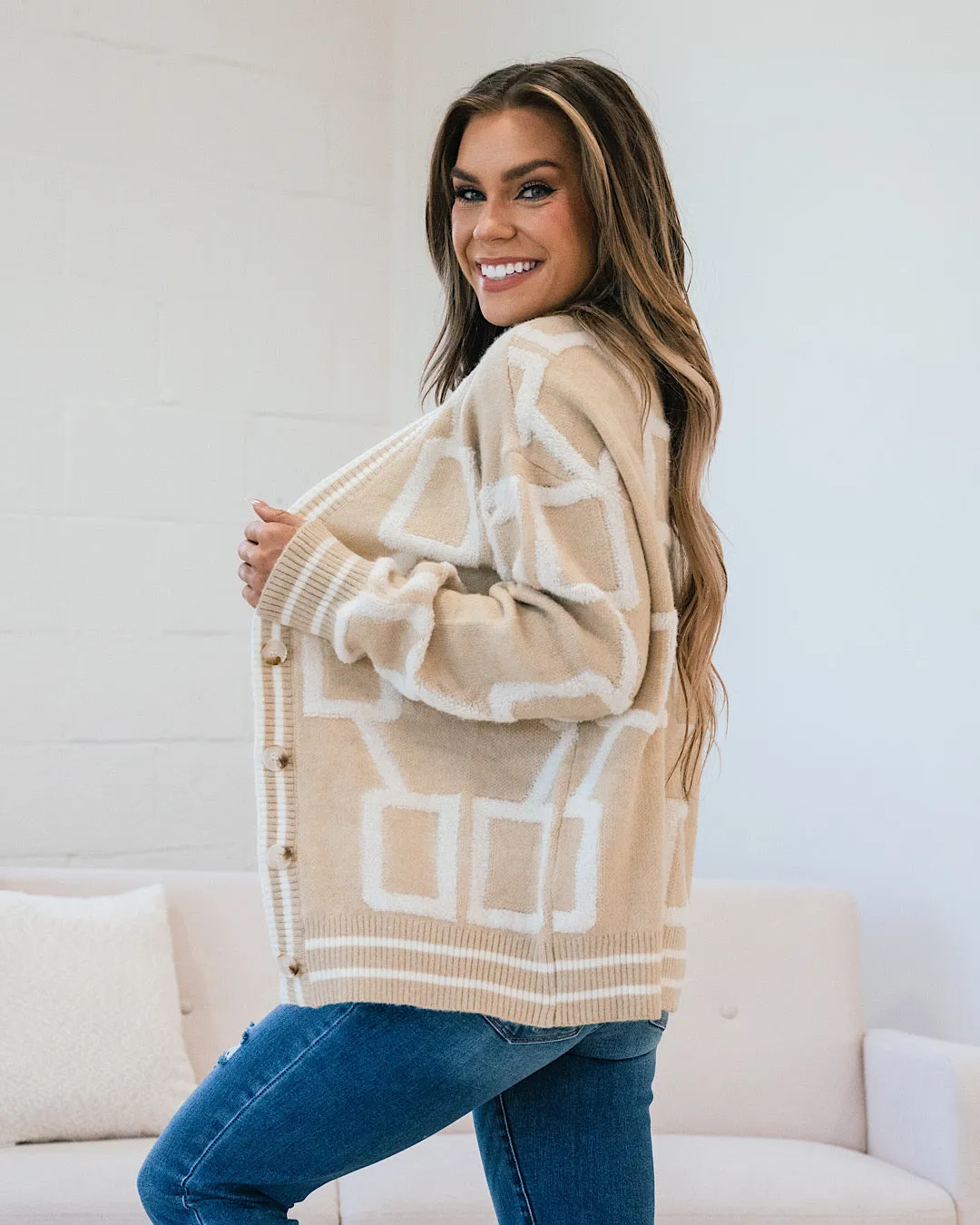 Roxie Taupe Cardigan with Raised Square Pattern