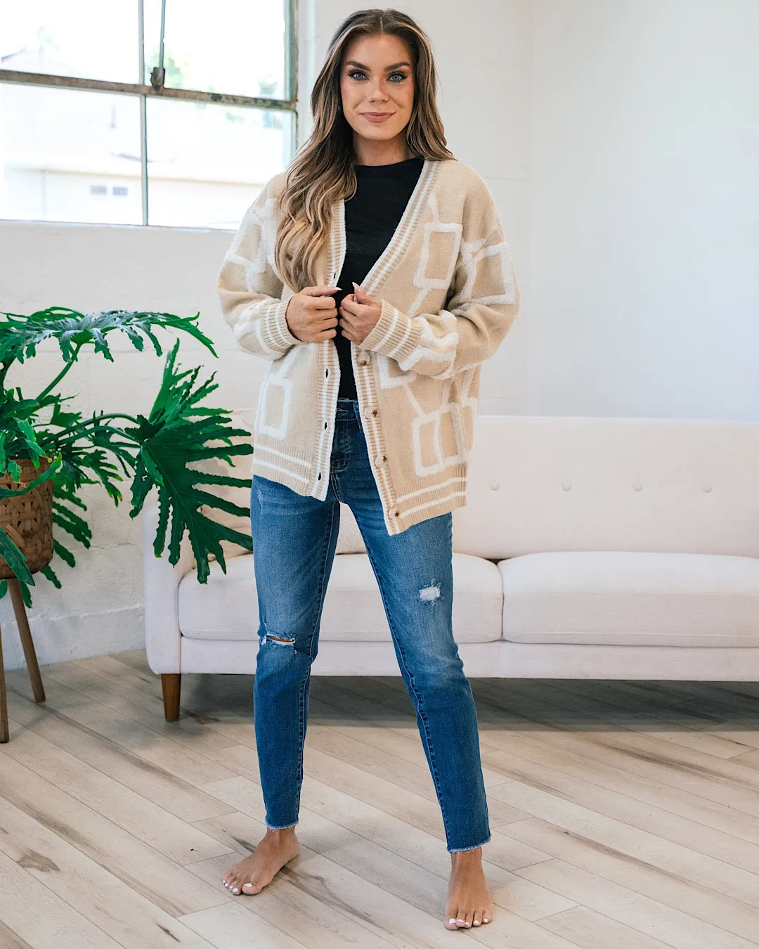 Roxie Taupe Cardigan with Raised Square Pattern