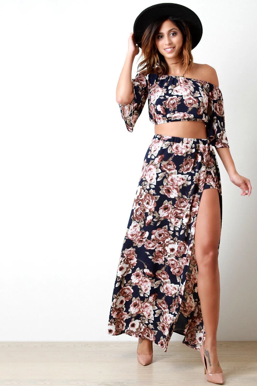 Textured Floral Print High Slit Maxi Skirt