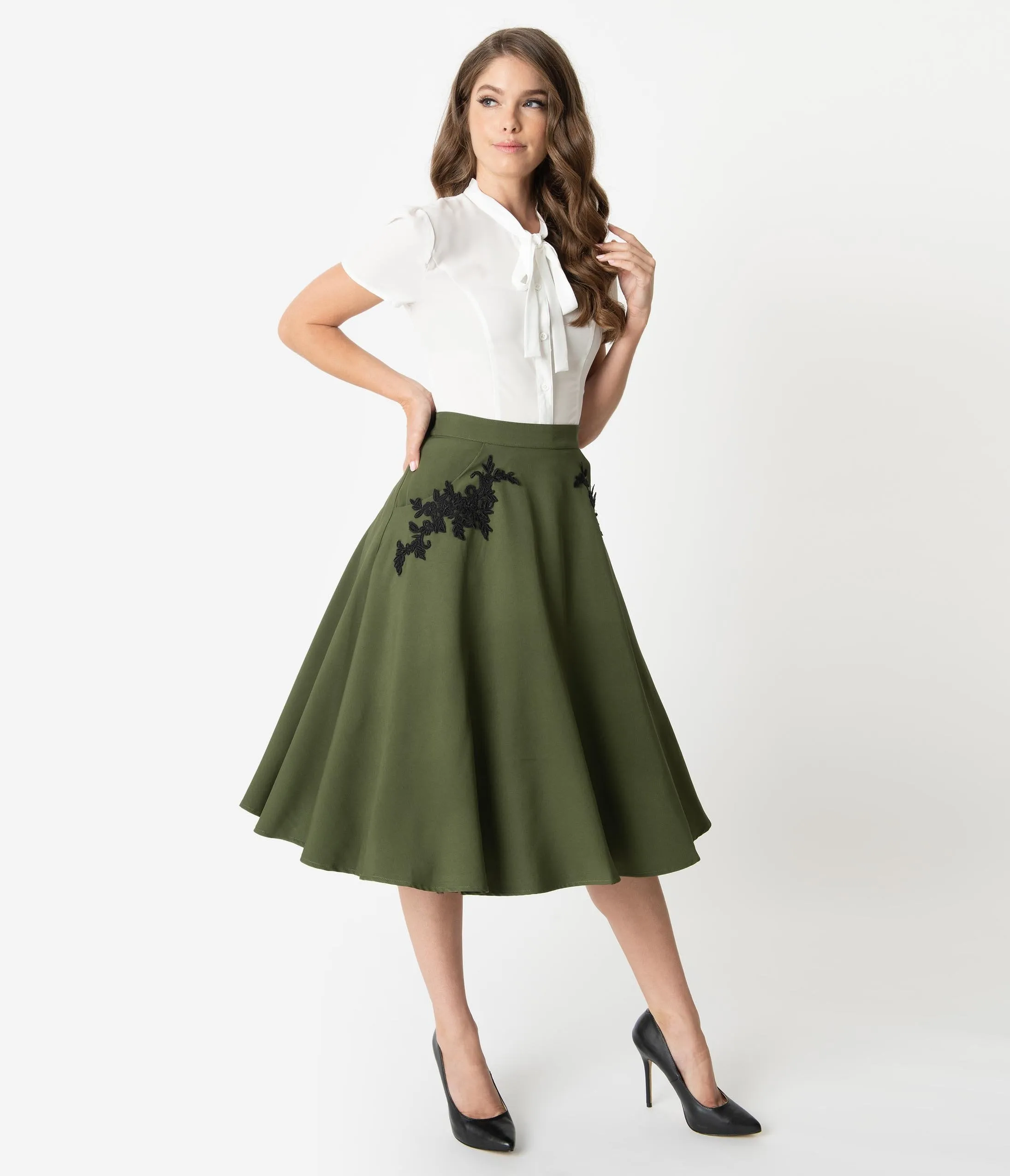 Unique Vintage 1950s Olive Embroidered Steffi Swing Skirt