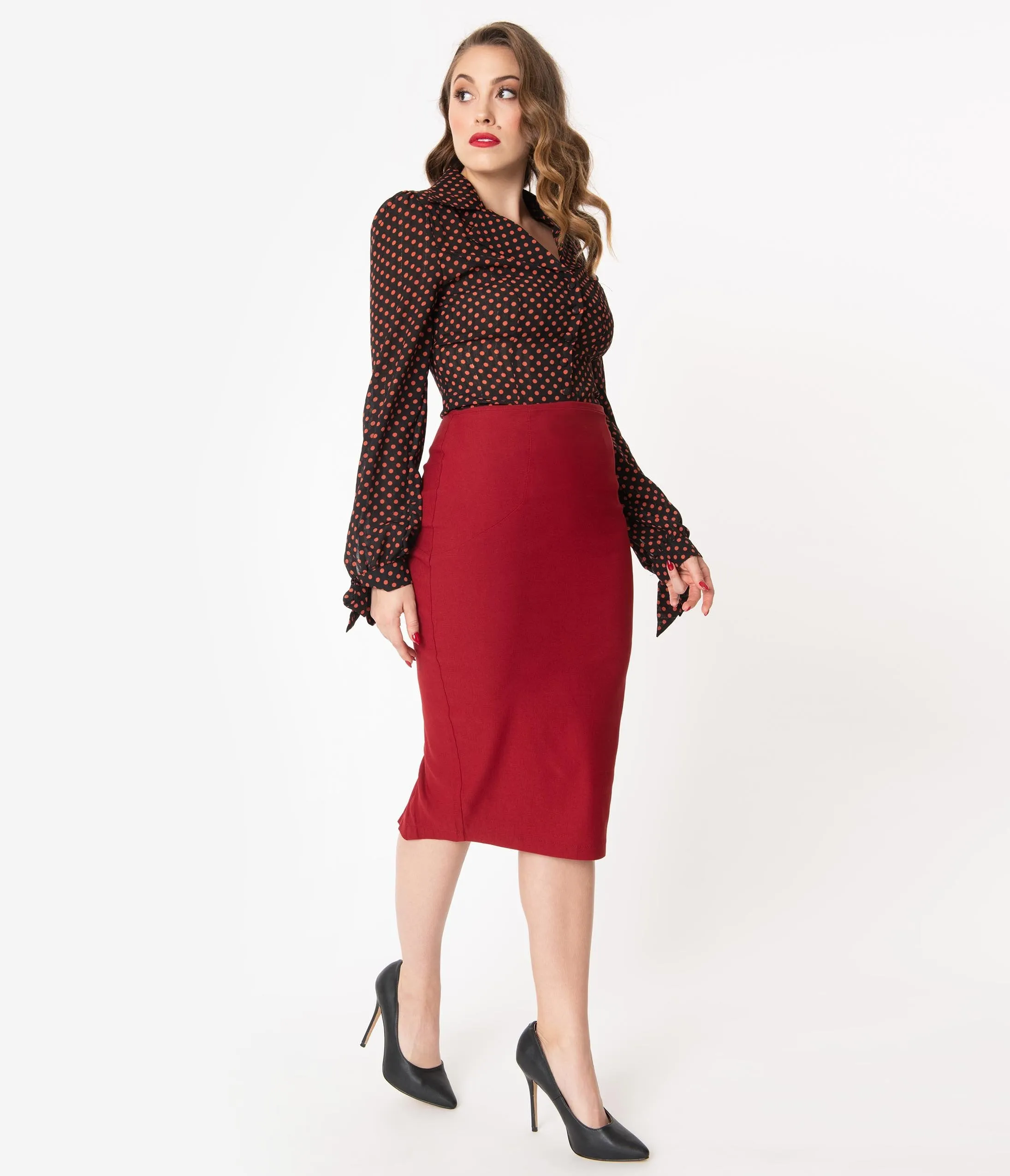 Unique Vintage Rust High Waist Tracy Wiggle Skirt