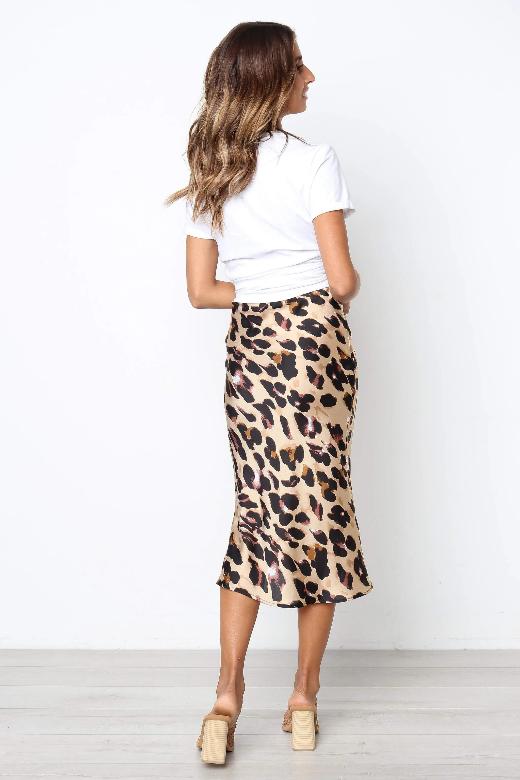 Urban Touch Satin Leopard Print Midi Slip Skirt