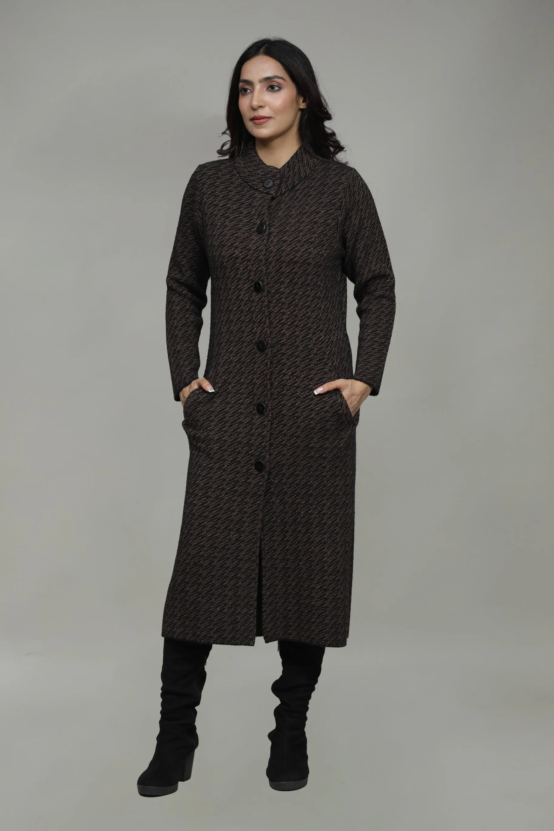 Women Check Knitted Woolen T-Neck Long Coat