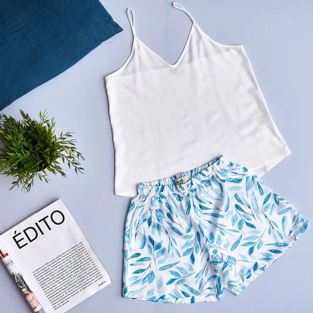 Women summer pajama set Off-white top   Light blue leaves shorts